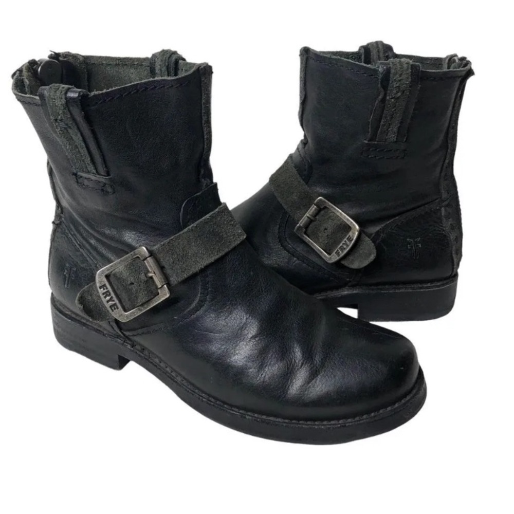 FRYE Boots VICKY ARTISAN Moto Combat Black Leather Suede Silver Back Zip Size 8